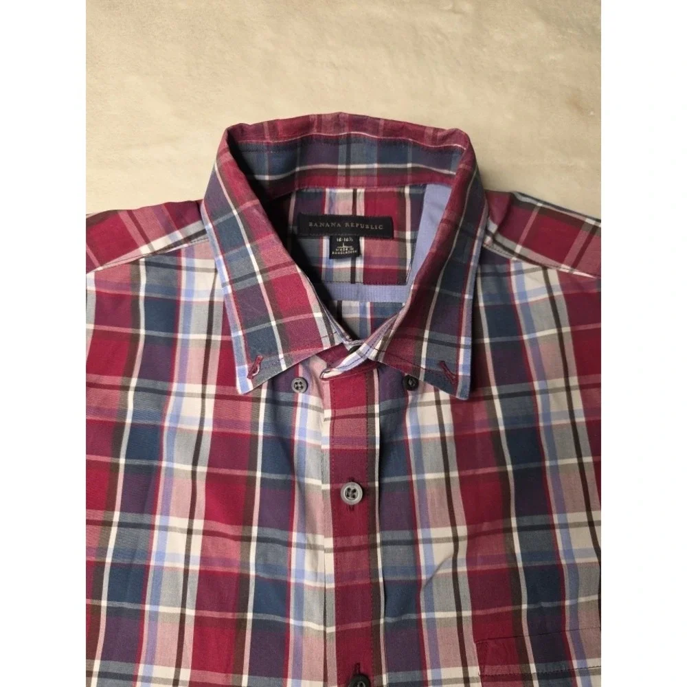 Banana Republic Linen Shirt Mens‎ Large Red Plaid Button Up made in Bangladesh